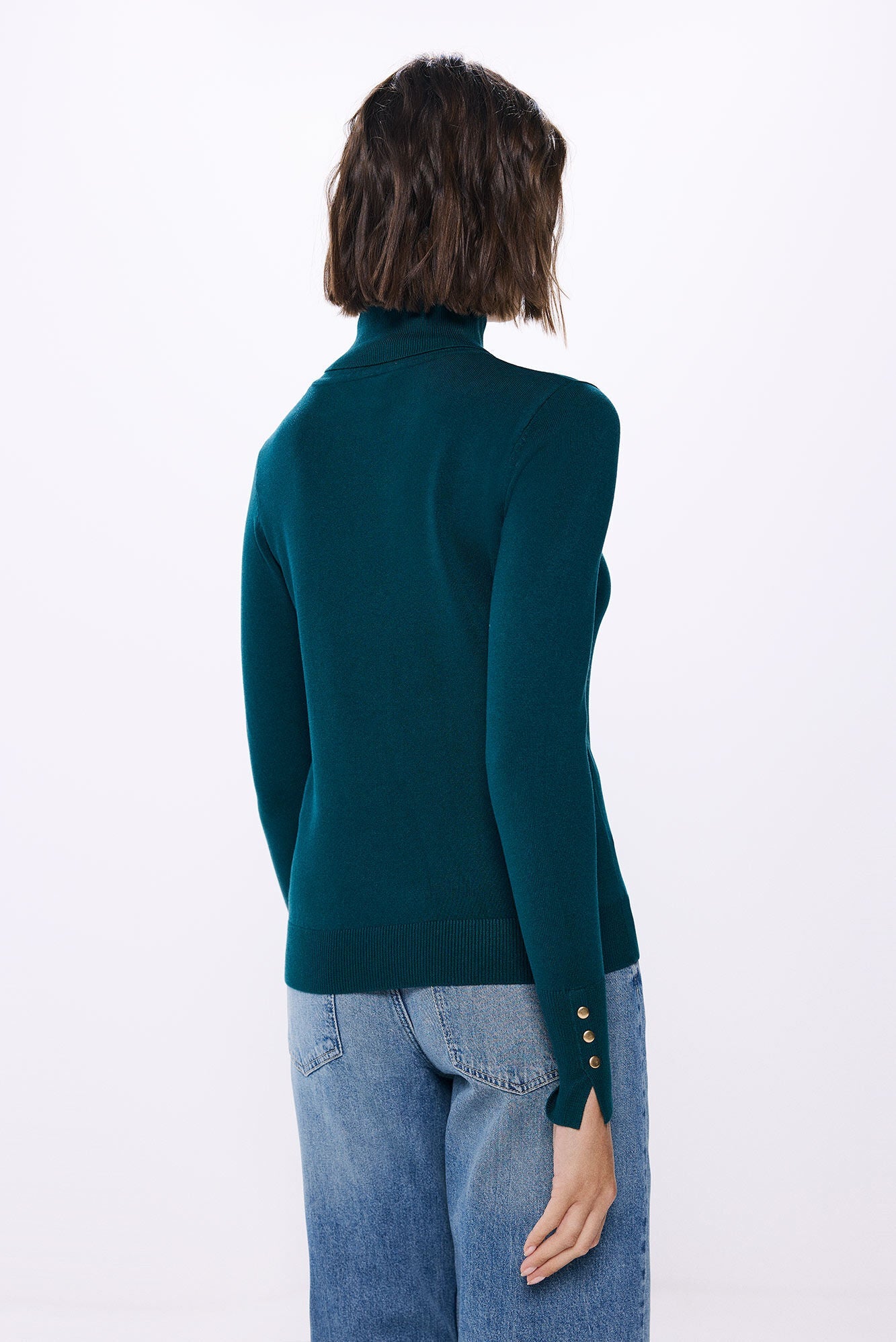 high neck sweater with buttons at cuffs