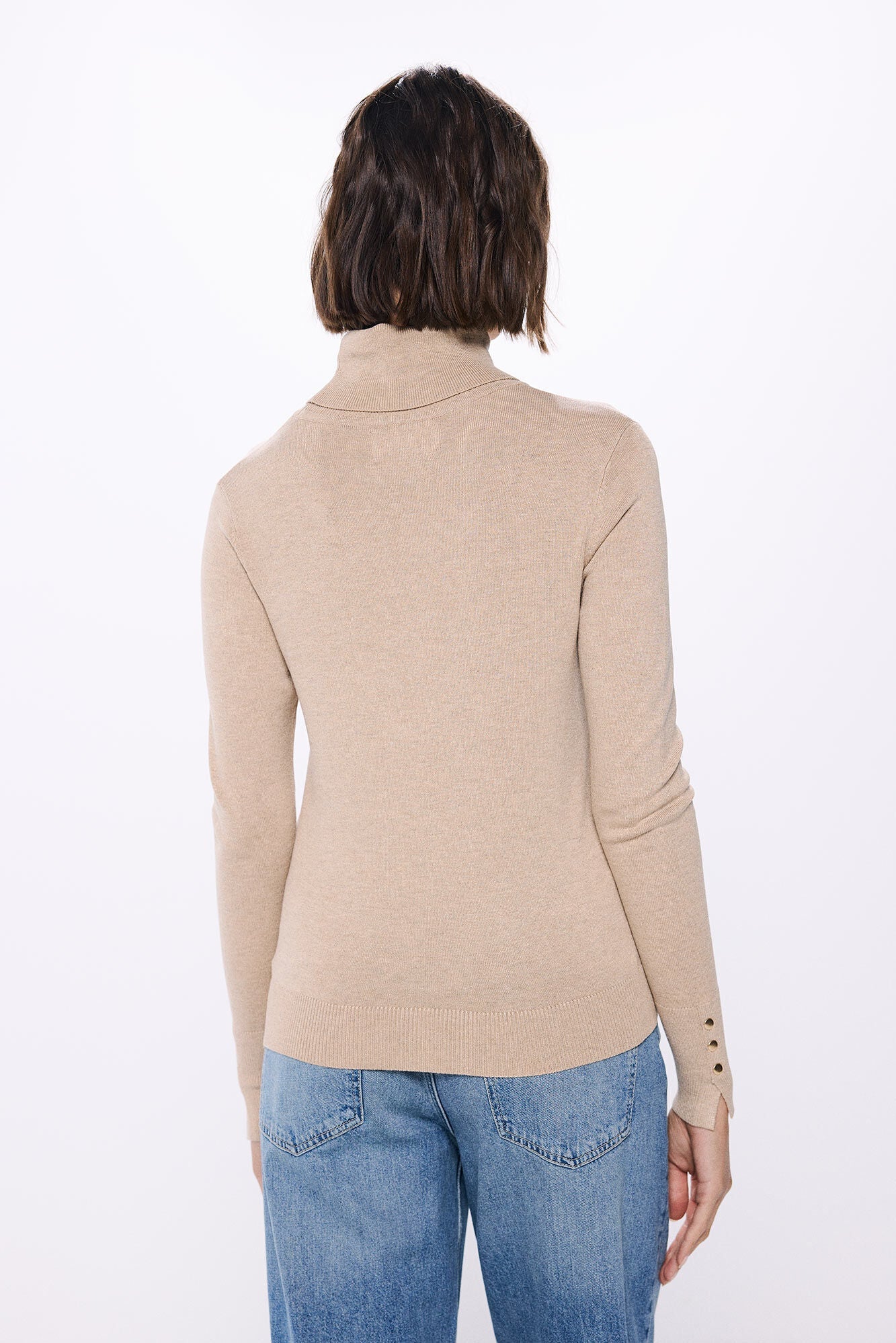 high neck sweater with buttons at cuffs