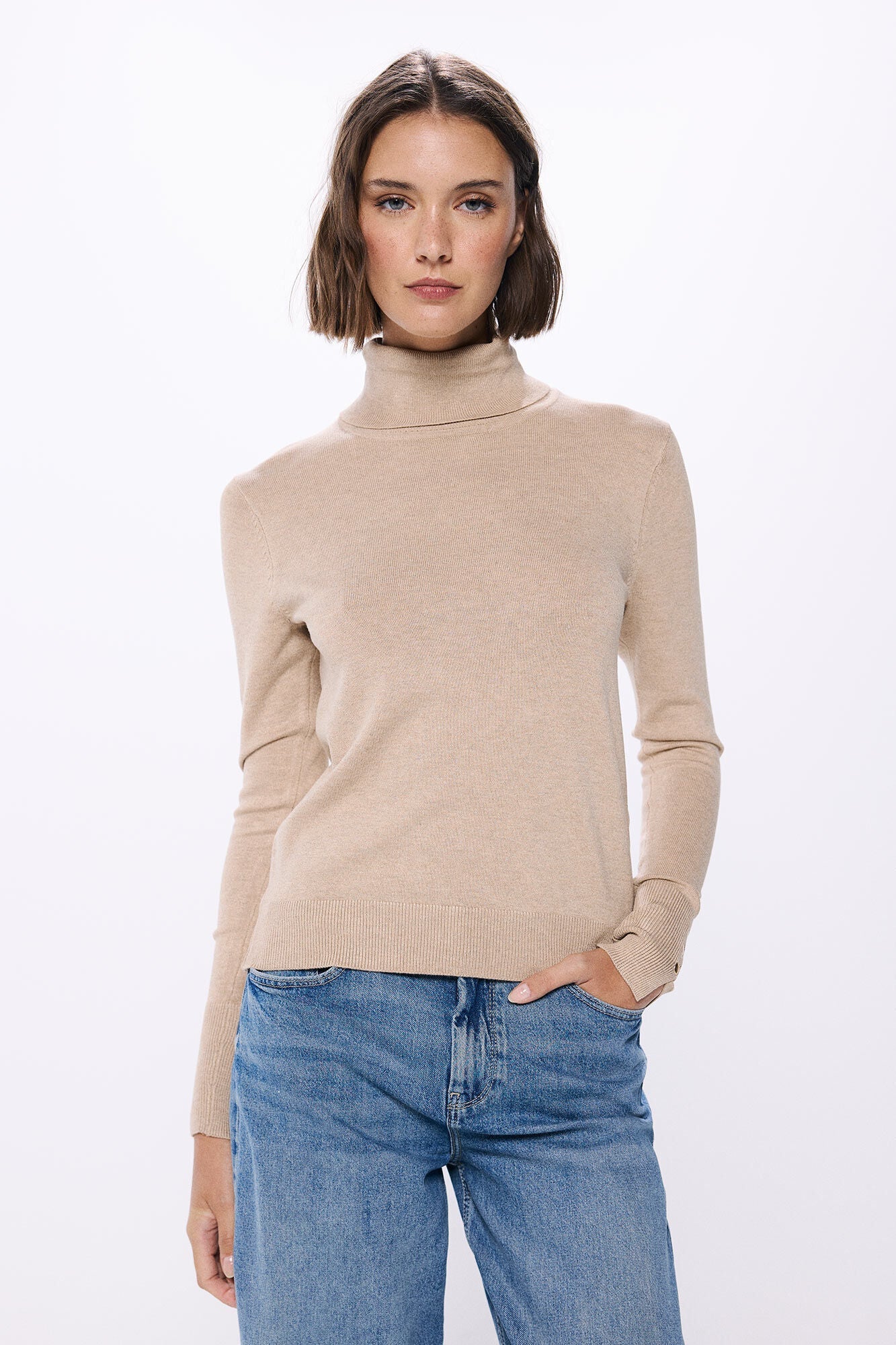 high neck sweater with buttons at cuffs