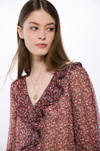 Printed blouse with front ruffle