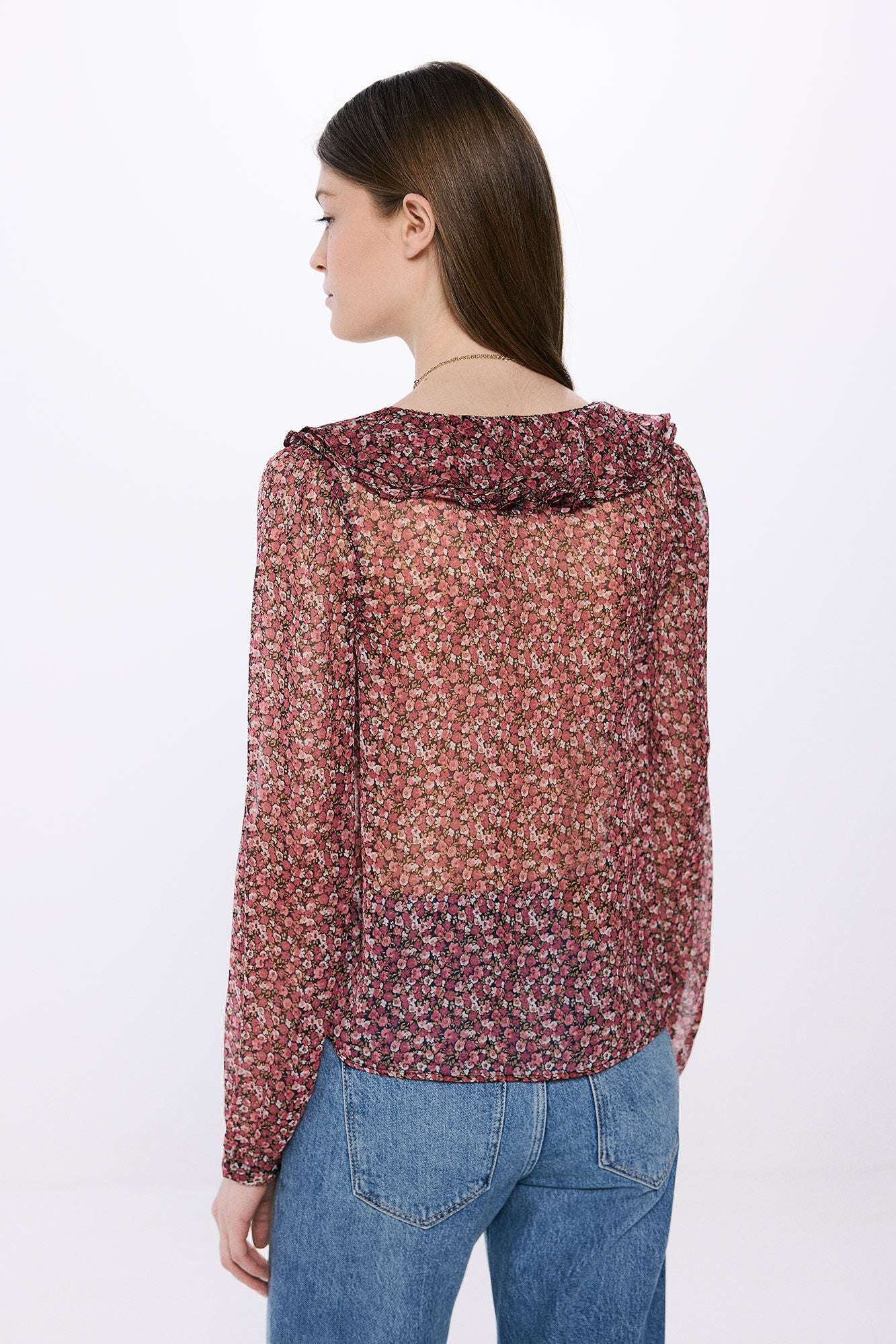 Printed blouse with front ruffle