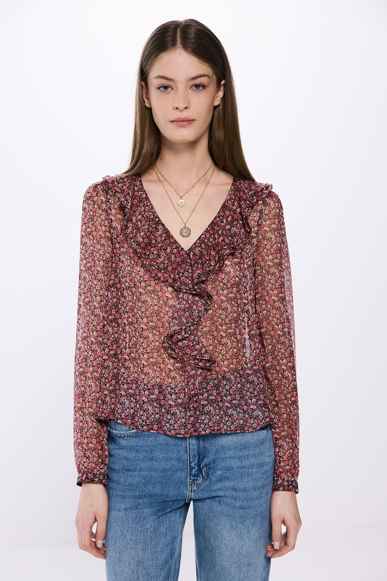 Printed blouse with front ruffle