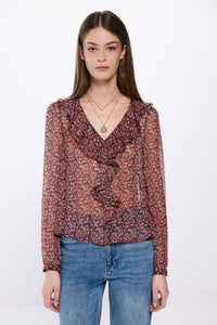 Printed blouse with front ruffle