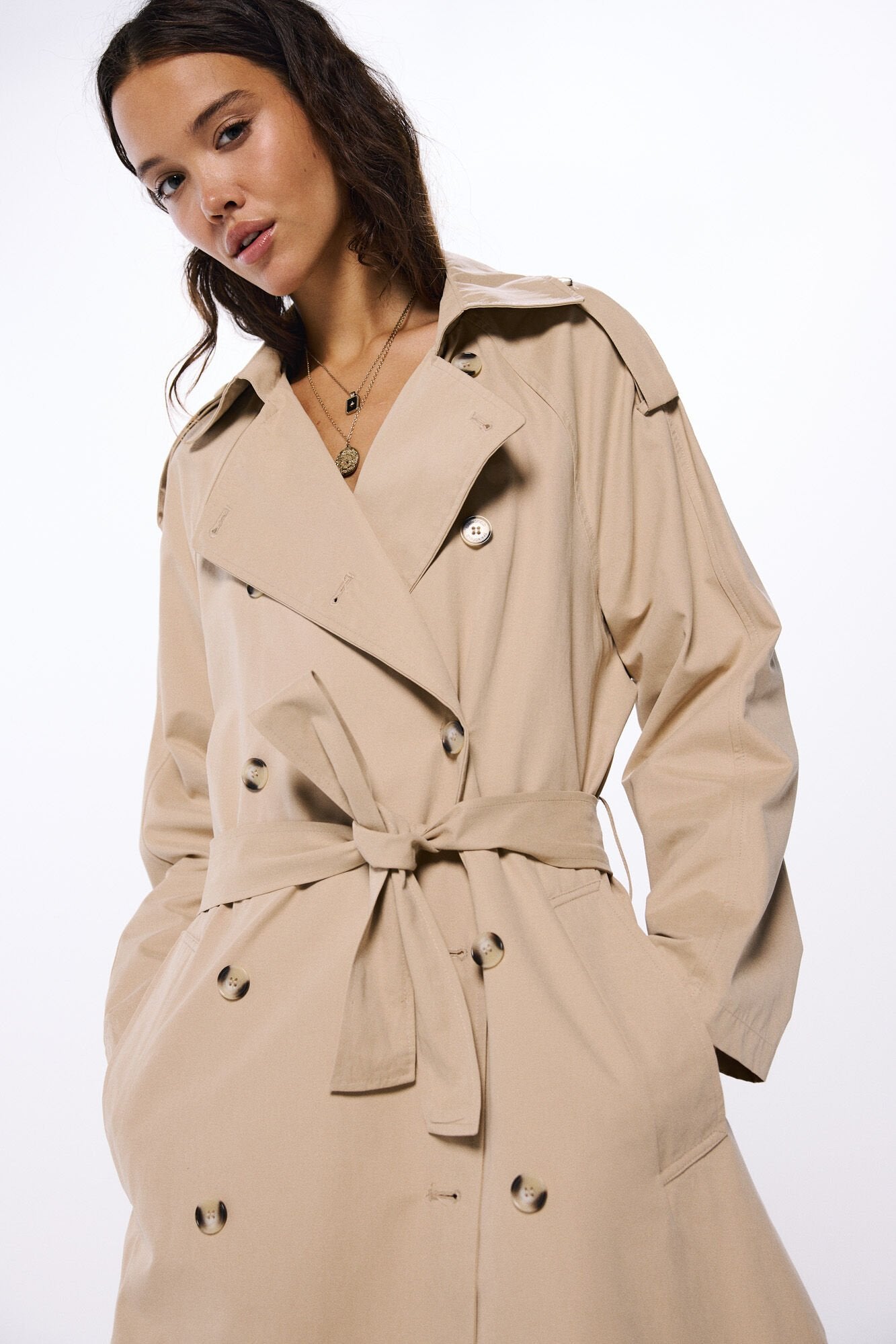 Long belted trench coat